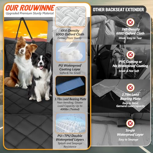 ROUWINNE Back Seat Extender for Dogs-Large Space, Dog Car Seat Cover Hard Bottom Holds 400lbs, Sturdy Backseat Extender for Dogs, Waterproof Dog Hammock for Car Dog Car Bed for Car, SUV, Truck