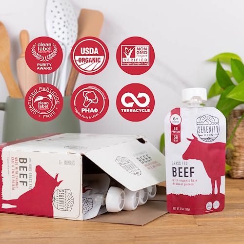 Serenity Kids 6+ Months Baby Food Pouches Puree Made With Ethically Sourced Meats & Organic Veggies | 3.5 Ounce BPA-Free Pouch | Wild Caught Salmon, Butternut Squash, Beet | 6 Count