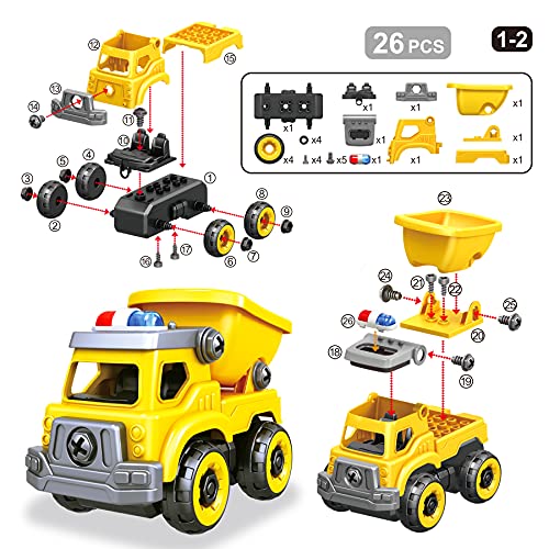 4-in-1 Take Apart Car Toys for Boys, DIY Engineering Construction Truck Toy Vehicle - Dump Truck, Cement Mixer, Excavator, Crane, Kids Building Educational Toy Gift for Age 3 4 5 6 7 8 Year Old Girls