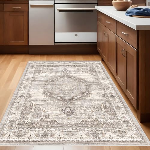 Washable Area Rugs 3x5 Entryway: Soft Ultra Thin Low Pile Mat Machine Washable Indoor Doormat Lightweight Entry Rug Anti Slip Backing Rugs for Living Room Bedroom Kitchen 3'x5' Beige