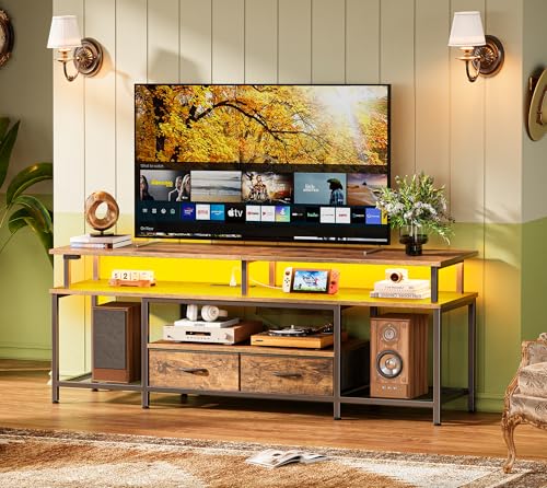 Huuger TV Stand for 65 70 75 Inch TV, Entertainment Center with Power Outlets and LED Lights, TV Console for Living Room, Media Console with Drawers and Shelves, Black