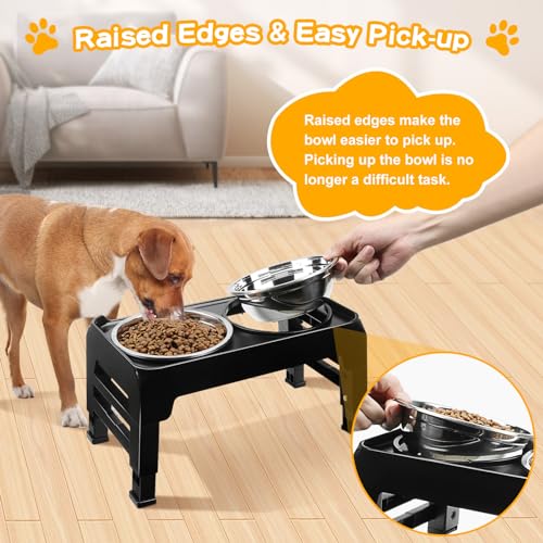 Elevated Dog Bowls for Small Medium Dogs 3 Height Adjustable Raised Dog Bowl Stand with 2 Thick 6" Stainless Steel Dog Food Bowls Non-Slip Dog Feeder Adjusts to 2.75", 6", 7.5", Black