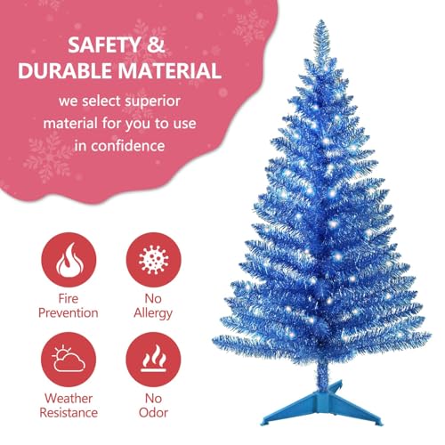 4ft Lighted Artificial Blue Christmas Tree | Leeheeyee Small Xmas Tree, Not Pre-lit Blue Tinsel Pine Trees with Lights, Ideal for Home, Office, and Xmas Party Décor