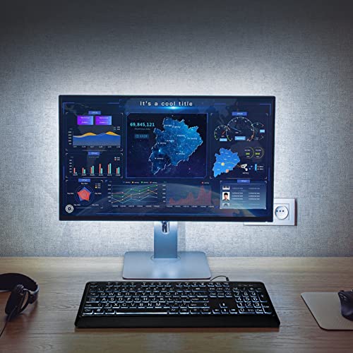 KOPJIPPOM Large Print Backlit Keyboard, Quiet USB Wired Computer Keyboard, Full Size Keyboard with White Illuminated LED Compatible for Windows Desktop, Laptop, PC, Gaming, Black