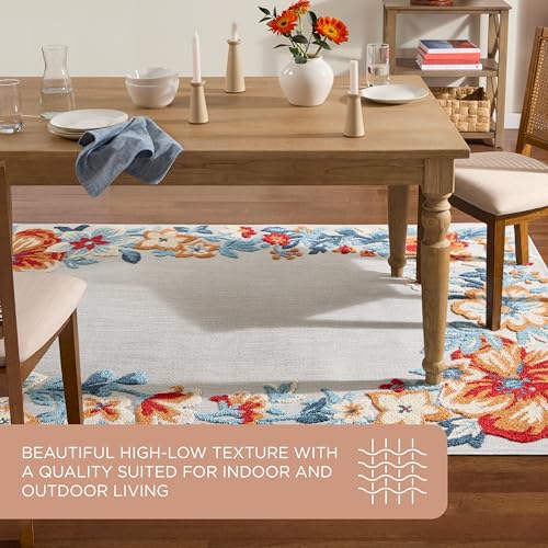 TOWN & COUNTRY EVERYDAY Hibiscus Bloom Border Modern Floral Indoor Outdoor Area Rug, UV Fade Resistant, High-Low Pile, Grey/Red/Blue, 3'11"x5'2"