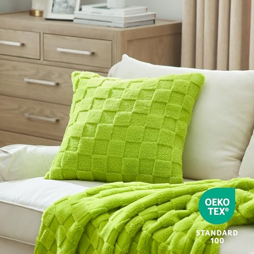 Bedsure Throw Pillow Covers 18x18 Inch - Pack of 2 Sage Green Luxury Soft Cozy Fluffy Fuzzy, Checkered Pillow Cover, Home Decor for Sofa Couch Bed