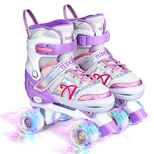Roller Skates for Kids, Shine Skates 4 Size Adjustable Roller Skates with Light up Wheels for Girls, Teens, Outdoor Rollerskates for Beginners & Advanced | Purple, L - 3Y-6Y (Large, Purple)