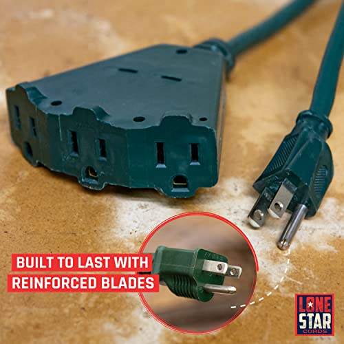 Lone Star 3 Outlet Outdoor Extension Cord 10 ft, 16/3 Weatherproof 10’ Green Extension Cord with Multiple Outlets 3 Prong, 13 AMP Heavy Duty Exterior Power Cable Multi Plugs for Landscaping & Lawn