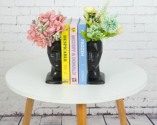 BOIHEGU Black Decorative Bookends, 7 inch Ceramic Multi Face Decorative Flower Vase(Set of 2) Modern Black Accent Decorative Bookends Gifts for Shelves