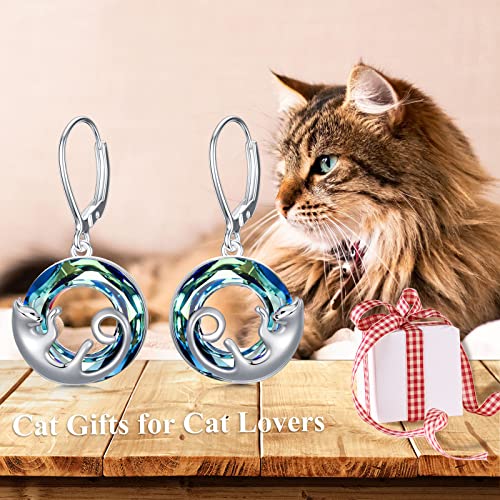 Cat Earrings Sterling Silver Dangle Drop Leverback Earrings with Blue Circle Crystal, Cat Jewelry Gifts for Cat Lovers