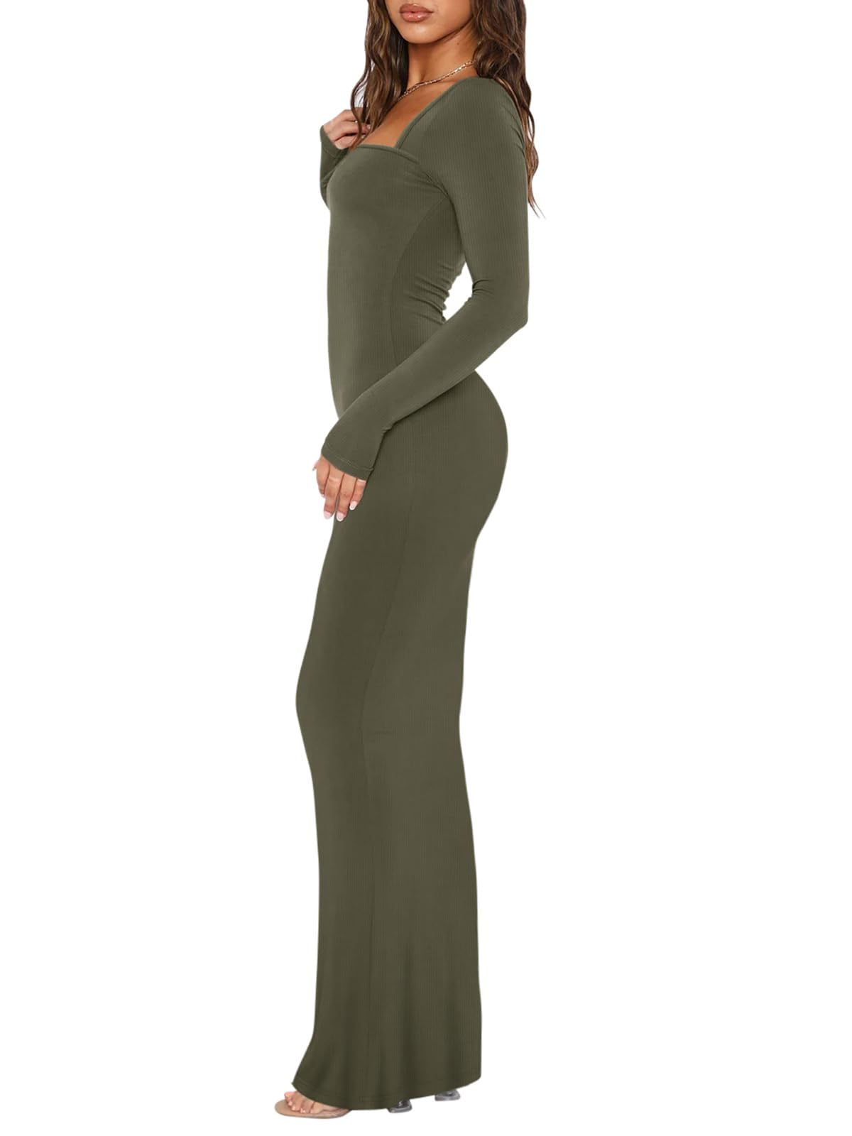 REORIA Womens Fashion Winter Dresses with Sleeves Fall Sexy Party Square Neck Ribbed Bodycon Lounge Long Maxi Dress Olive Green Small