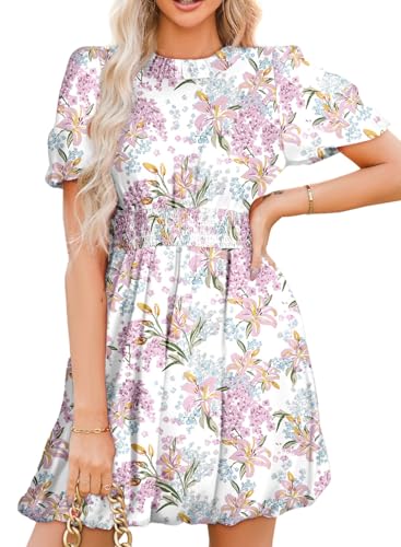 Dokotoo Summer Dresses for Women 2024 Elegant Crewneck Puff Sleeve Tie Knot Smocked Waist High Waist Cute Bohemian Dress Beach Boho Floral Mini Dresses Red Small