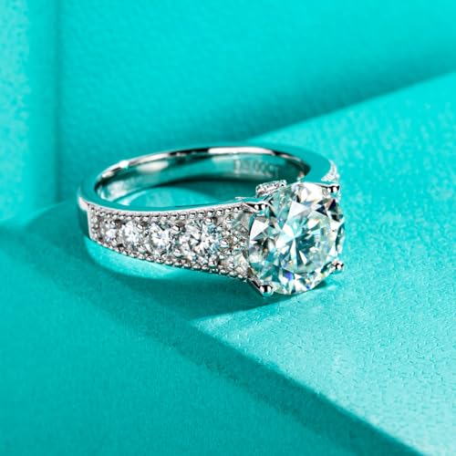 AnuClub 3.8cttw Round Cut Halo Moissanite Engagement Rings D Color VVS1 Round Cut 14K White Gold Plated 925 Sterling Silver Anniversary Wedding Promise Ring, Christmas Gift for Women 10