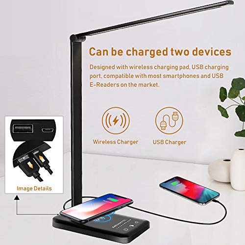 MCHATTE LED Desk Lamp with USB Charging Port, Dimmable Eye-Caring Table Lamps with Wireless Charger, 5 Brightness Levels & 5 Lighting Modes, Touch Control, Auto Timer