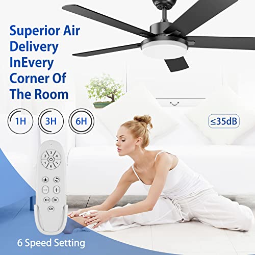 Regair Ceiling Fans with Lights, 52 Inch Ceiling Fan with Lights and Remote Control, Modern Black Ceiling Fan with Light for Living Room Farmhouse Bedroom