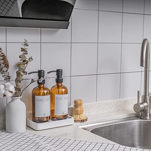 Janxin Glass Soap Dispenser for Kitchen with Stainless Steel Pump and Wood Tray, Modern Bathroom Soap Dispenser with Waterproof Labels for Hand Soap, Dish Soap, Lotion (Amber Bottles+Black Pumps)