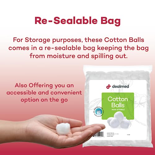 Dealmed 300 ct. Cotton Balls for Face, Makeup, Medical Uses, & DIY Crafts | Non-Sterile Bulk Pack | Resealable Zip-Locked Bag | 100% Pure Cotton, Soft, Absorbent, Gentle (Pack of 1)