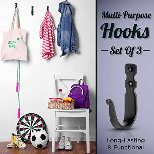 Stur-De Decorative Hooks for Wall - Wall Hooks for Hanging Coats, Hats & Bags, Rustic Towel Hooks for Bathrooms or Kitchen - Wrought Iron Farmhouse Hangers - Pack of 3, Black - 3.3 x 2 x 0.8 Inches