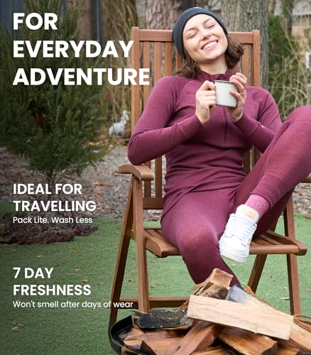 Merino Wool Base Layer Women - 100% Merino Half Zip Sweater Women Lite, Midweight, Heavyweight Thermal Shirts and Socks (Large, 250 Cherry Red)