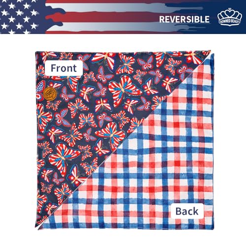 CROWNED BEAUTY 4th of July Patriotic Dog Bandanas Reversible Small 2 Pack, Butterfly Stars Set, Plaid Adjustable Triangle Holiday Scarves for Dogs Pets Boy Girl Pets DB121-S