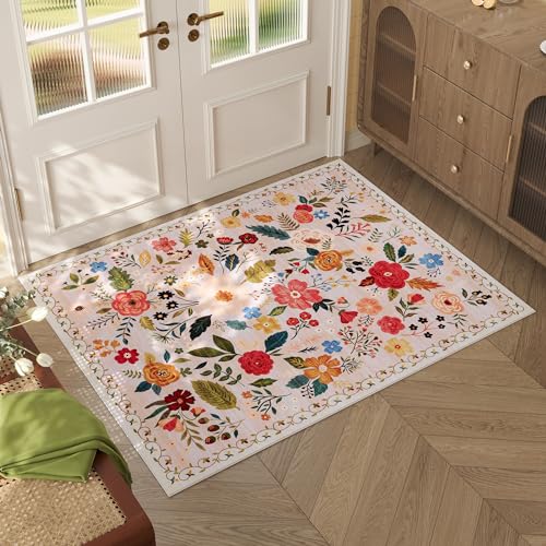 Rugcomf Area Rugs 8x10 Rug for Living Room Clearance Washable Boho Area Rug Non Slip Floral Vintage Low Pile Large Rug for Living Room, Bedroom, Farmhouse, Dining Room, Kids Playroom(Black)