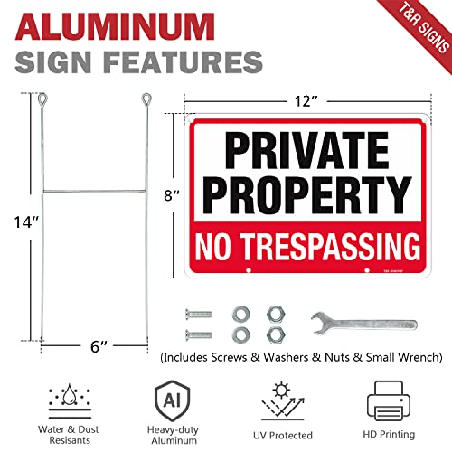 T&R No Trespassing Sign Private Property Sign with H Stake for Outside,1 Pack,12"x8" .040 Rust Free Heavy Aluminum, Waterproof,Includes Matching Screws & Wrench, Easy to Mount