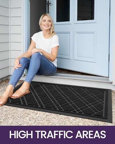 DEXI Front Door Mat Outside Entrance, All-Season Heavy Duty Rubber Indoor Outdoor Doormat, Fade Resistant, Low-Profile, Easy Clean Patio Entryway Rug, 17"x29", Weave Grey