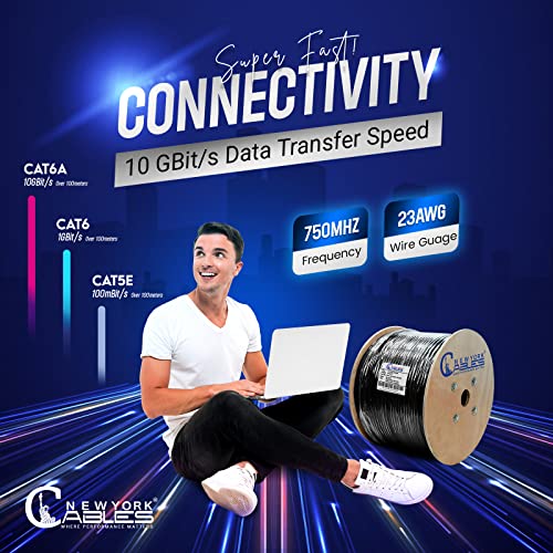 NewYork Cables Cat6a Riser Cable 1000ft - Certified 100% Solid Bare Copper Cat 6a Ethernet Cable – CMR, 23 AWG, 750 MHz, PoE++ - Unshielded Twisted Pair (UTP) -10 GB High Speed for Networking & Gaming