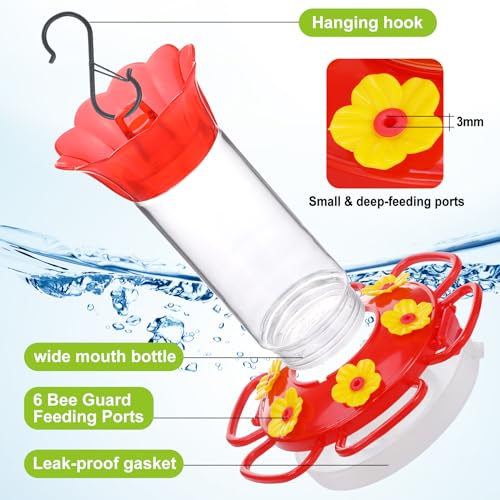 Rihogar Hummingbird Feeder for Outdoors Hanging, 2 Pack Plastic Humming Bird Feeders with Buckle, 6 Feeding Ports, Built-in Ant Moat, Wild Bird Feeder for Outside Garden, Leak-Proof (12 oz)