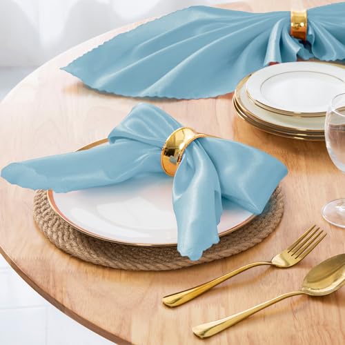 Horbaunal 100 Pack Satin Napkins 17" x 17" Square Dinner Napkins with Elegant Lace, Soft Cloth Napkins for Parties, Weddings, Events, Baby Blue