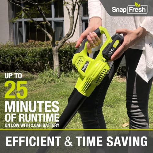 SnapFresh Cordless Leaf Blower - 20V Electric Leaf Blower with 2.0 Ah Battery and Charger - Lightweight 2-Speed Leaf Blower for Lawn Care and Yard/Garden/Patio Cleaning