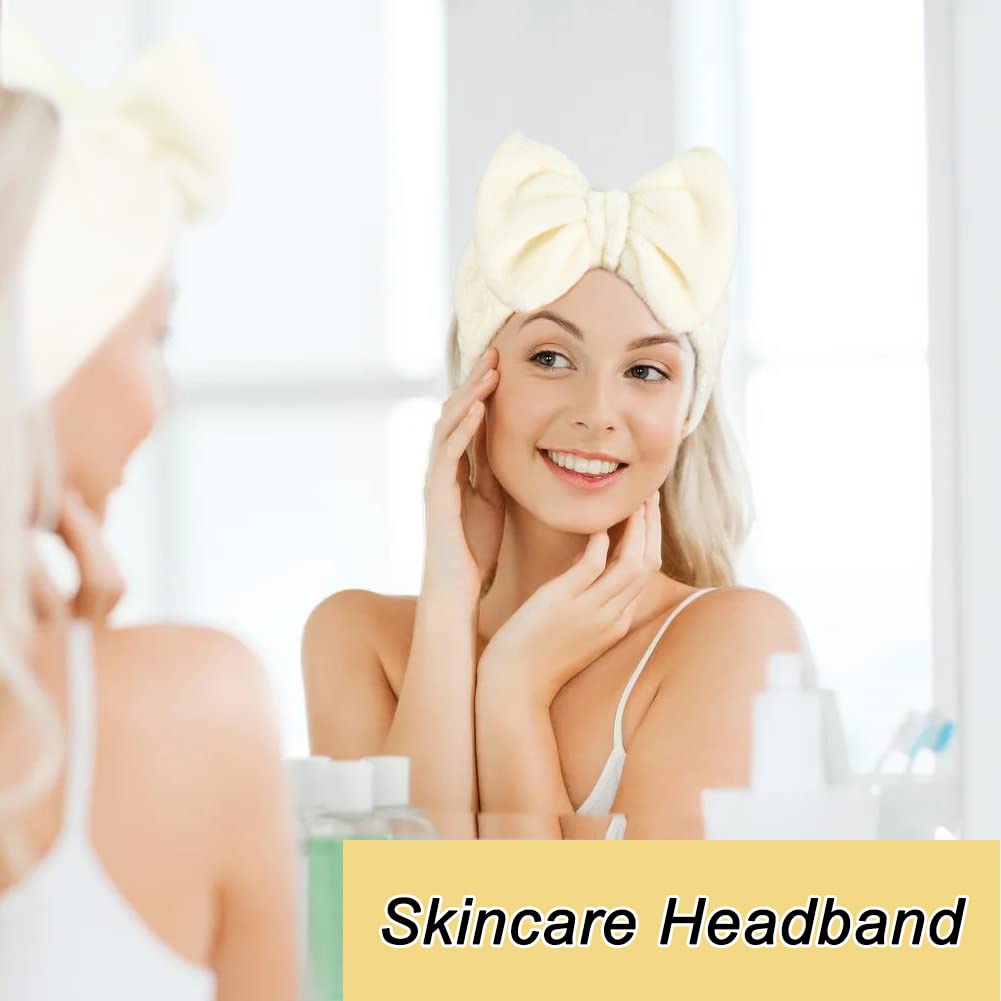 Shintop Spa Headband Soft Carol Fleece Makeup Headband with Cute Bow Elastic Hairand for Washing Face Skincare Facial Mask Bath Gift(Creamy White)