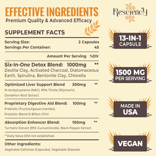 Resciency 6-in-1 Detox Binder Supplement 1500 MG | Max Absorption | Liver Detox Cleanse | Activated Charcoal & Zeolite Clay | Toxin, Liver, Gut, Digestive | 90 Vegetarian Capsules