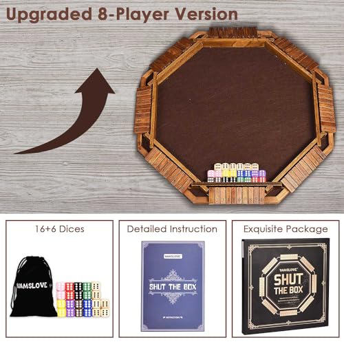 Vamslove Shut The Box Dice Game for 8 Players Upgraded Wooden Board Table Math Game with 16 +6 Dices - Educational Game for Kids, Adults (Instruction Included)