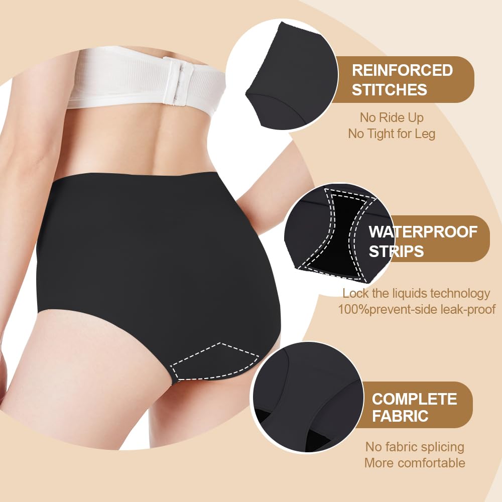 BATTEWA Incontinence Underwear for Women Seamless Washable, Leak Proof Underwear, High Absorbency Panties, Bladder Leak Underwear Protective Briefs 50ml,Black,Large