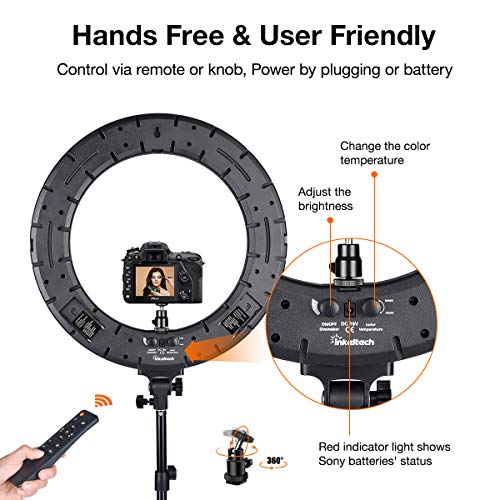 Inkeltech Ring Light - 18 inch 60 W Dimmable LED Ring Light Kit with Stand - Adjustable 3000-6000 K Color Temperature Lighting for Vlog, Makeup, YouTube, Camera, Photo, Video - Control with Remote