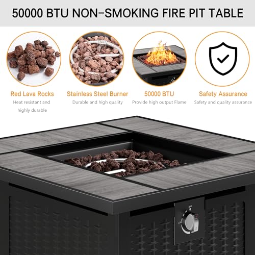 Meilocar Fire Table 28in Propane Fire Pit with Rain Cover and Volcanic Stone, Outdoor Firepit Table 50000 BTU 3-in-1 Patio Firepit Table for Garden/Yard/Balcony, Gray Tabletop