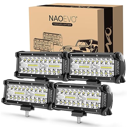 NAOEVO 7 Inch LED Light Bar, 480W 48,000LM Offroad Fog/Driving Lights LED Tractor Lights with Spot Flood Combo Beam, Waterproof LED Work Lights for Truck Boat ATV UTV, 4 Pcs (White)