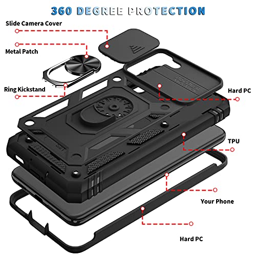 PASNEW for S21 5G Case with Kickstand & Camera Cover Slide & Charge Port Dust Plug,Military Rugged Heavy Duty Full Body Shockproof Protection Hard Shell for Samsung Galaxy S21,6.2 inch,Black