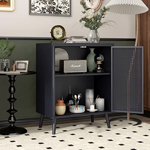 JZXSHD Buffet Cabinet, Metal Rattan Sideboard Kitchen Storage Cabinet Accent Modern Buffet Sideboard 2 Doors for Kitchen Room Living Room Hallway, Black