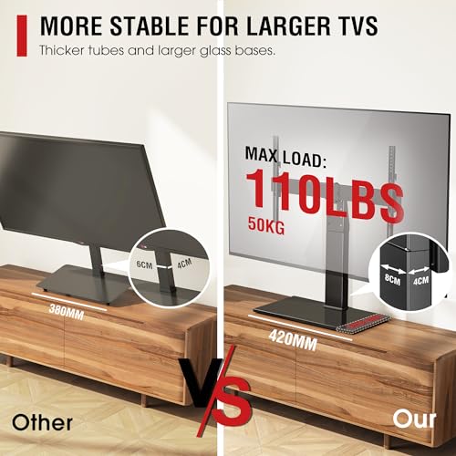 Universal Swivel TV Stand Base - Table Top TV Stand for 32 to 70 75 Inch TVs, Height Adjustable TV Mount Stand with Tempered Glass Base for Living Room, Bedroom, Holds up to 110lbs, Max VESA 600x400mm