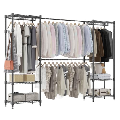 Homdox Heavy Duty Garment Rack with Extendable Hanging Rods, Adjustable Metal Clothing Rack for Hanging Clothes, Freestanding Closet Wardrobe Clothes Rack with Wire Storage Shelves, Black