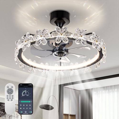 STROLITE Fandelier Ceiling Fans with Lights and Remote, 20.5'' Crystal Flower Bedroom Ceiling Fan, 3 Colors, 6 Speeds, Dimmable LED Light, Chandelier Ceiling Fan for Kitchen (Crystal Flower)