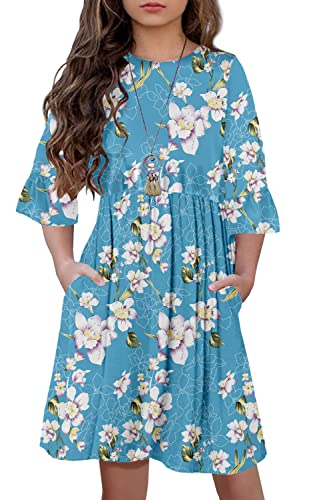 HOSIKA Girls Flowy Swing Casual Long Sleeve Pleated Waist Floral Ruffle A-line Dress for Kids 6-12 Years Teal L