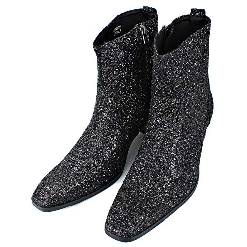 OSSTONE Dress Boot for Men Leather Glitter Chukka Designer Boots Casual Heel Shoes Zipper-up JY009-Silver Black-11.5