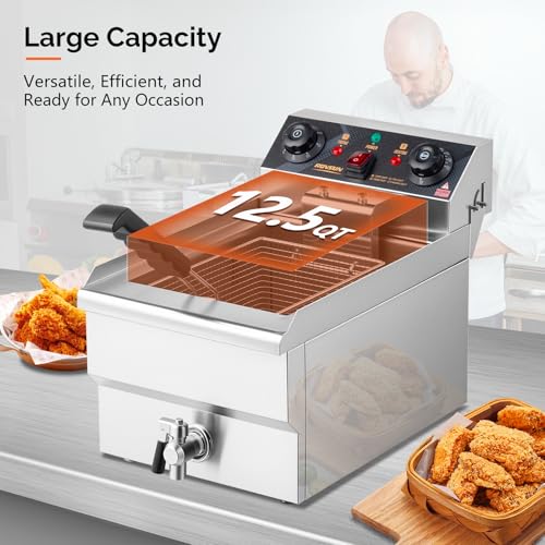 ROVSUN 12.5QT/11.8L Electric Deep Fryer w/Frying Basket, Timer, Drain, & Lid, Commercial Countertop Single Tank Frying Machine, Adjustable Temperature, for French Fries Donuts Onion Rings, 1700W 110V