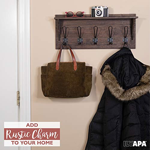 Ilyapa Barnwood Coat Rack Wall Mount - Wood Wall Mount Coat Rack with Hooks, 6 Metal Hooks - for Hats, Coats, Kitchen, Bedroom, and More - Barnwood