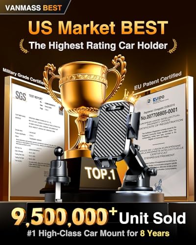 VANMASS 【2024 Newest & Strongest Military-Grade Cert Car Phone Holder Mount【Over 60LBS Suction】 Dashboard Windshield Cell Automobile Cradles Truck Hook Vent for iPhone 15 Pro Max 14 13 12 Samsung, Black