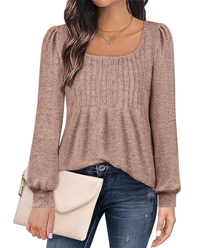 Zwurew Blouses for Women 2024 Fashion Fall Long Sleeve Tunic Tops Dressy Scoop Neck Pleated Peplum Boho Shirts