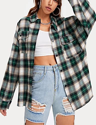 Zontroldy Flannel Shirts for Women Oversized Buffalo Plaid Button Down Long Sleeve Flannels Shirt Blouse Tops(0396-Green-S)